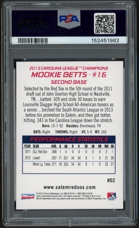 2013 CHOICE SALEM RED SOX CAROLINA LEAGUE CHAMPIONS MOOKIE BETTS RC PSA 9 view 2