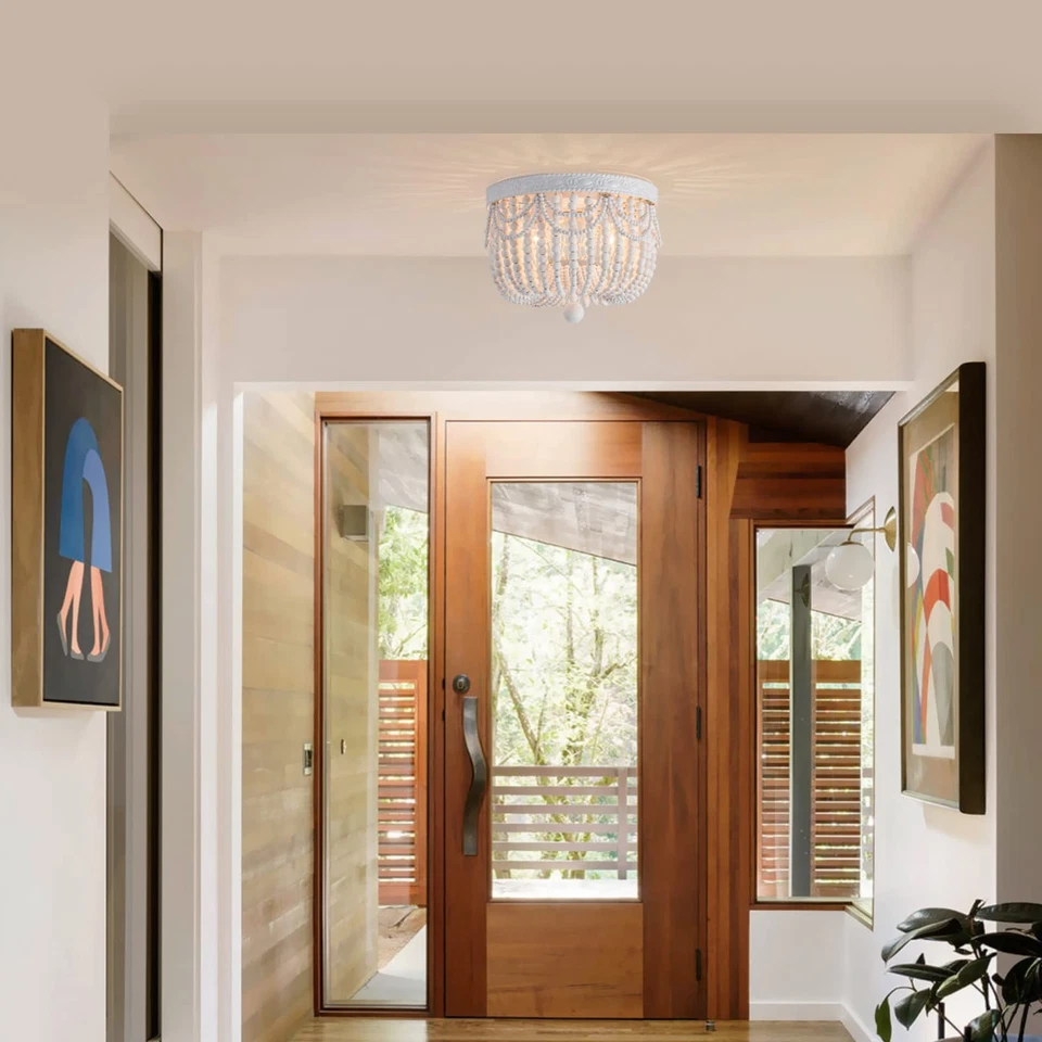 Lámpara de techo bohemia de montaje empotrado de 4 luces mini araña con cuentas de madera granja... Foto 4 de 4