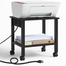 2-Tier Printer Stand with Storage Charging Station, Rolling Cart Black