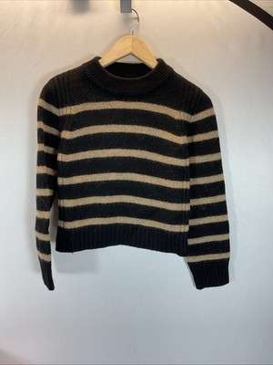 La Ligne Merino Wool Long Sleeve Striped Sweater black tan crewneck preppy S