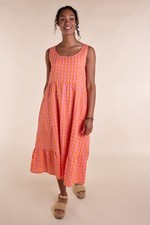 SALE Nomads Orange Pink Textured Bubble Check Chambray Sleeveless Midi Dress