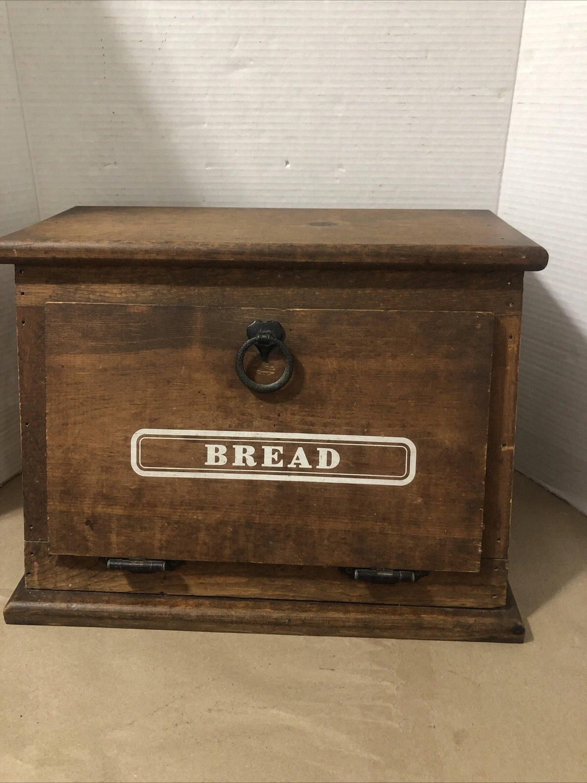 Antique Wooden Farmhouse Bread Box Front Loading Door With Ring Pull Handle