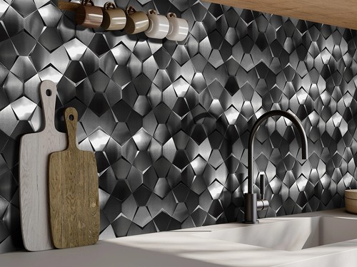 Paneles de pared 3D hexagonales largos de baldosas de metal negro (paquete de 5) - Imagen 9 de 12