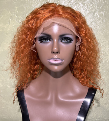 Lace Front Real Human Hair Wig Ginger Orange Curly 16  13x4 Medium