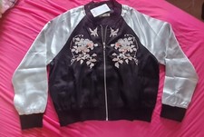 Ladies Full Zip Floral Embroidered Satin Bomber Jacket Size 10