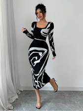 Elenzga Women Patchwork Fitted Waist Long Sleeve Elegant Knit Sweater Dress