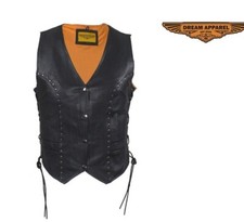 Black Women's Leather Motorcycle Biker Vest Orange Inner Conceal Waistcoat