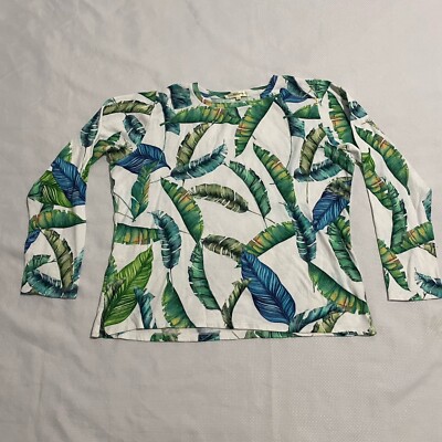 Pashma Top Women s XXL White Green Leave Rhinestone Beads Soft Light Long Sleeve