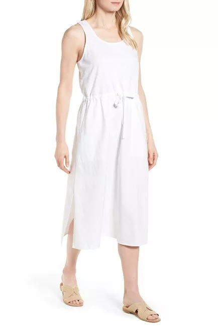 Eileen Fisher WHITE Scoopneck Drawstring Organic Cotton Twill Dress PP 208