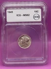 1945 Mercury Dime • ICG MS62 • 90% Silver U.S. Coin • Brilliant Unc.