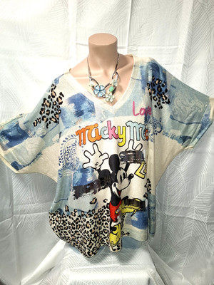 italy t shirt approx 44 46 48 50 52 new glitter shirt Leo Mickey Mouse ice blue beige