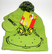 Dr Seuss Grinch Face Beanie/Mittens Set Youth Toddler One Size Boy Girl Bioworld