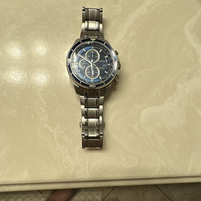 #ad Citizen Eco Drive Chronograph Blue Dial Titanium Tachymeter Date 44 SS 100m Box $250.00