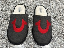 True Religion Slippers Scuffs Mens 7-8 Blackw/Red Logo Faux Fur FREE SHIPPING