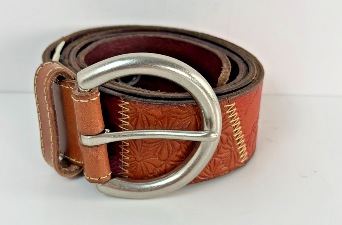 Fossil Leather Belt Patchwork Embossed Brown Wide… - image 1