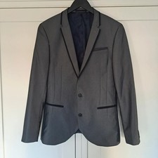 Next Grey Suit Jacket Blazer 40-42L Slim Fit Black Contrast Trim Piping