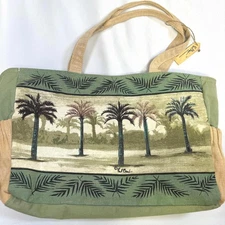 Paul Brent  Portofino Purse Canvas Beaded Palm Trees Two Handle Straps