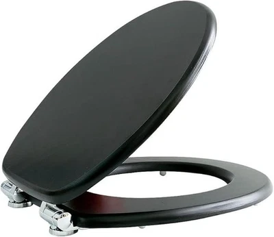 Fanmitrk Wooden MDF Oval Toilet Seat Soft Close Adjustable Hinges - Black Wood