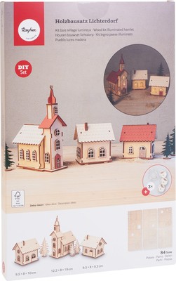 Rayher Holzbausatz-Lichterdorf, 84-tlg, inkl 3 LED Lichterketten, Weihnachtsdeko