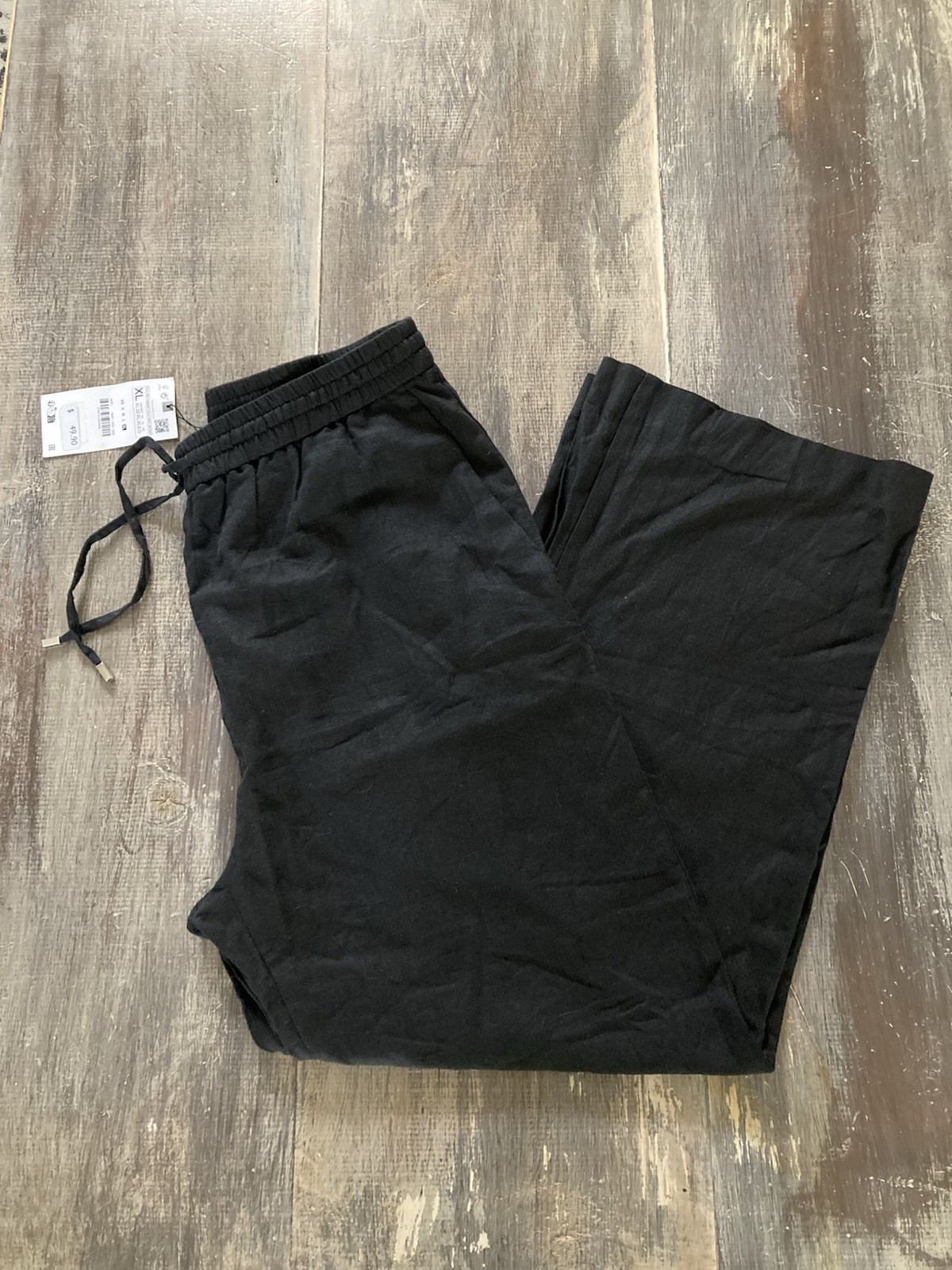 Women’s XL Wide Leg Black Linen Pants Zara Pull On Draw String Lagenlook Flowy
