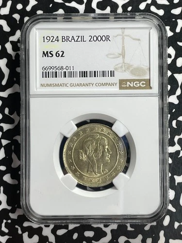 1924 Brazil 2000 Reis NGC MS62 Lot#G736 Silver! Nice UNC!