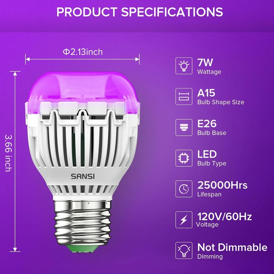 2PACS LED UV Black Light Bulb for Glow Party, 7W A15 UVA Blacklight Bulb E26 ETL - Image 4 of 4