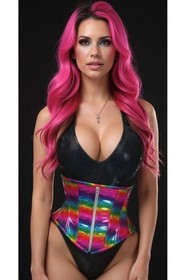 Rainbow Glitter Holographic Steel Boned Under Bust Waist Cincher Rave Festival