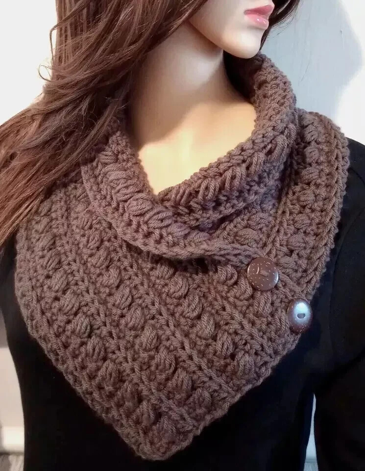 handmade crochet womans button cowl scarf chunky brown chocolate puffs new