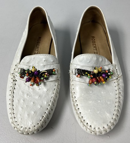Robert Zur Women’s White Leather Loafers Size US 6.5 M Beaded Chain - Picture 2 of 24