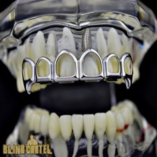 Vampire Grillz Six Tooth Open Face Hollow Window Top Teeth Silver Tone Fangs