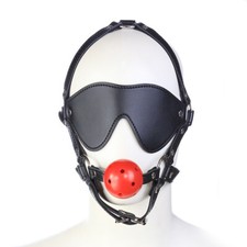 Blindfold Face Mask Ball Gag Head Chin Strap Mouth Harness Eye Cover Black Adult