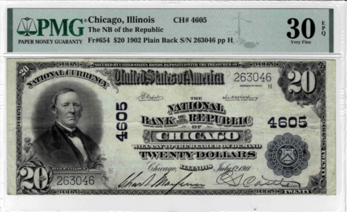 1902 $20 National Bank note 'Plain Back' fr.654 (Chicago,IL) CH#4605-PMG 30EPQ