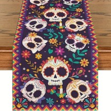  NEW SKULLS  FLORAL  DAY OF THE DEAD  HALLOWEEN  TABLE RUNNER  13" X 72"