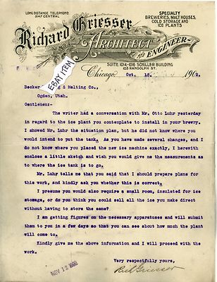 1902 RICHARD GRIESSER Letterhead CHICAGO ILLINOIS Architect Engineer BREWERY