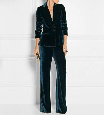 Blue Velvet Bell Bottom Pants Fashion Velvet Women's Suit Pants