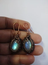 Blue Flashy Rainbow Moonstone Earring Copper Wire Wrapped Gemstone Ear Jewelry