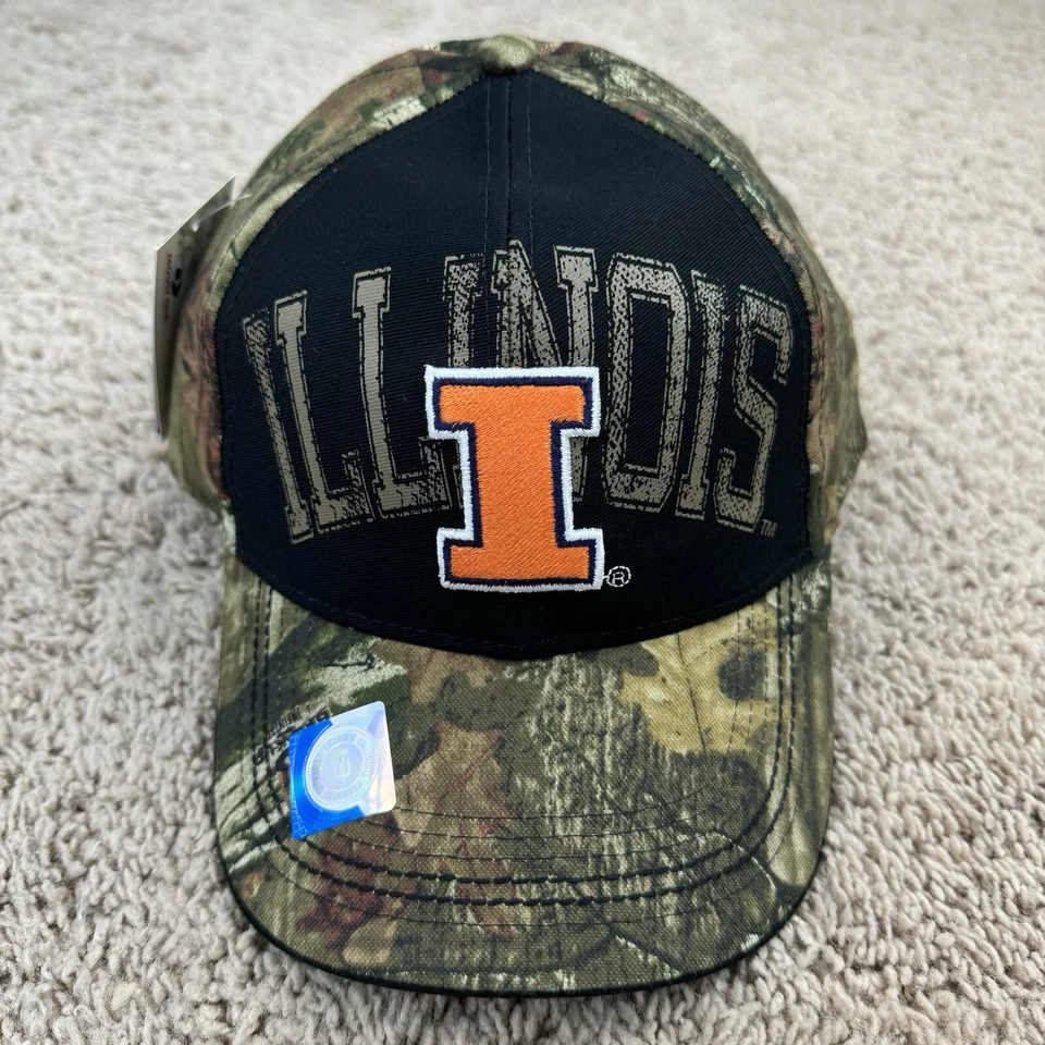Illinois Illini Hat Adjustable Mossy Oak Camo Black Arched Spellout Vtg Cap NOS - Image 3 of 4
