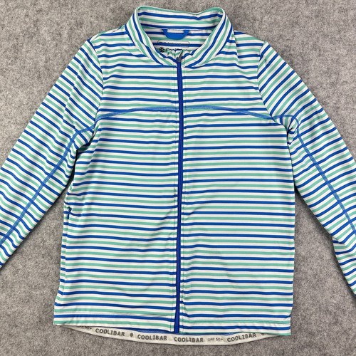 Coolibar Turtle Bay Swim Jacket Youth L Blue Green Striped Full Zip UPF 50+ - Picture 2 of 14