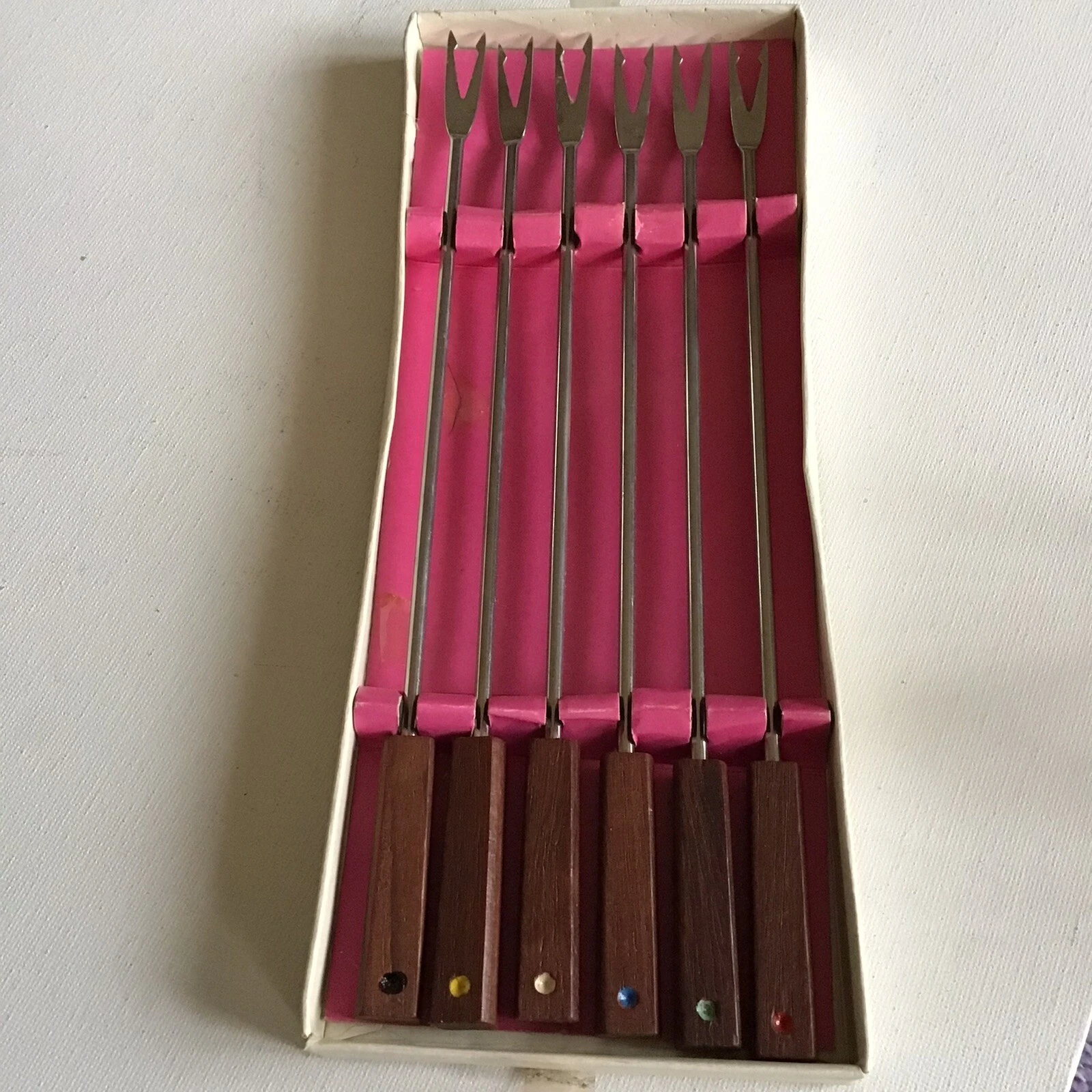 NEW Vintage Stainless Steel Wood Handles Fondue Forks (Set of 6)