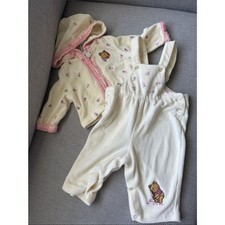 Vintage Pooh yellow Baby Overalls Hoodie Set with Pink Rose Embroidery