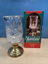 St George Lead Crystal Christmas Holiday Hurricane 9" Candle Holder Brass Base