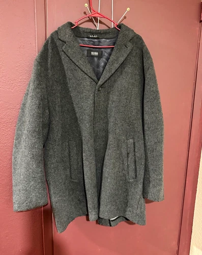 HUGO BOSS BOSS Men’s Gray Wool Overcoat Lined Pockets Button 2XL - product listing photo