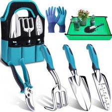 Garden Tool Set Heavy Duty Trowel Rake Pruner Gloves Repotting Mat Bag 7 Pcs