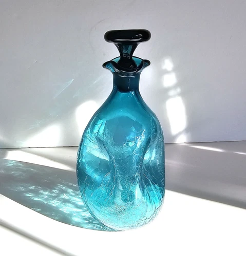 MCM Blenko Pinched Sides Crackle Glass Decanter #49 Peacock Turquoise Vintage