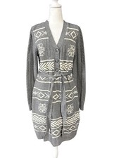 Lucky Brand Sweater Dress Womens Large Gray Belted Fair Isle Snowflake V-Neck