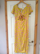 Dancing Leopard Yellow/Pink Leopard Animal Print Tie Front V-Neck Midi Dress 12