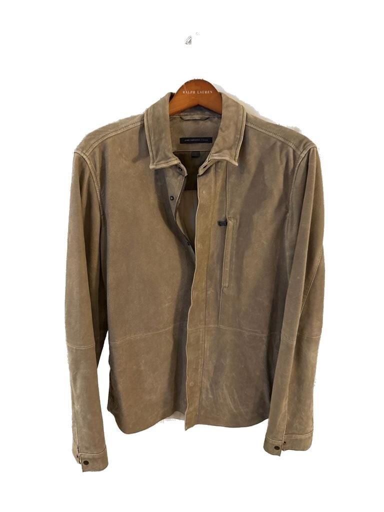 John Varvatos USA Mens Goat Suede Leather Zip-Front Shirt Jacket Gray Tan Size L