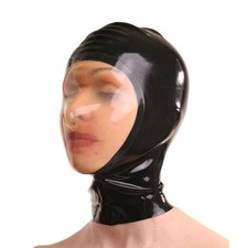 Black Latex Hood with Clear Face Open only Nostrils Rubber Mask Clubwear 0.4mm