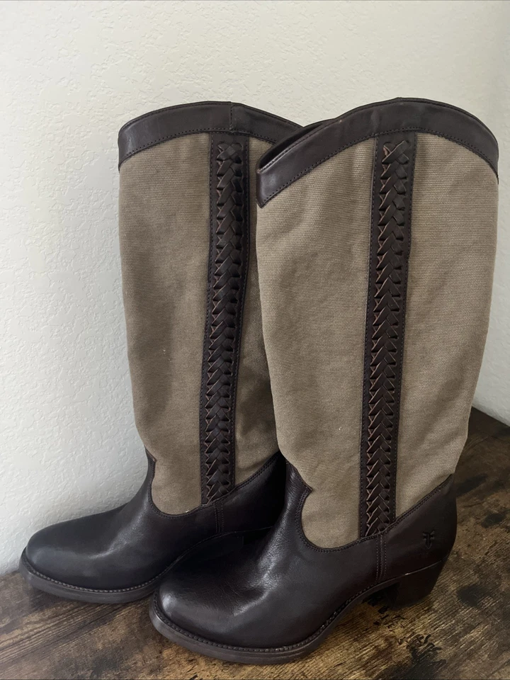 Frye Jane Trenzado Cuero Lona Bota de Montar Marrón EE. UU. 8 1/2 B 77225 Vaquero Occidental Foto 2 de 4