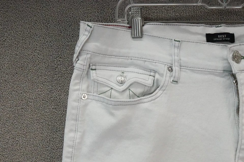 True Religion Jeans Mens 36x32 Ricky Relaxed Straight Big T Flap White Denim - Image 4 of 4